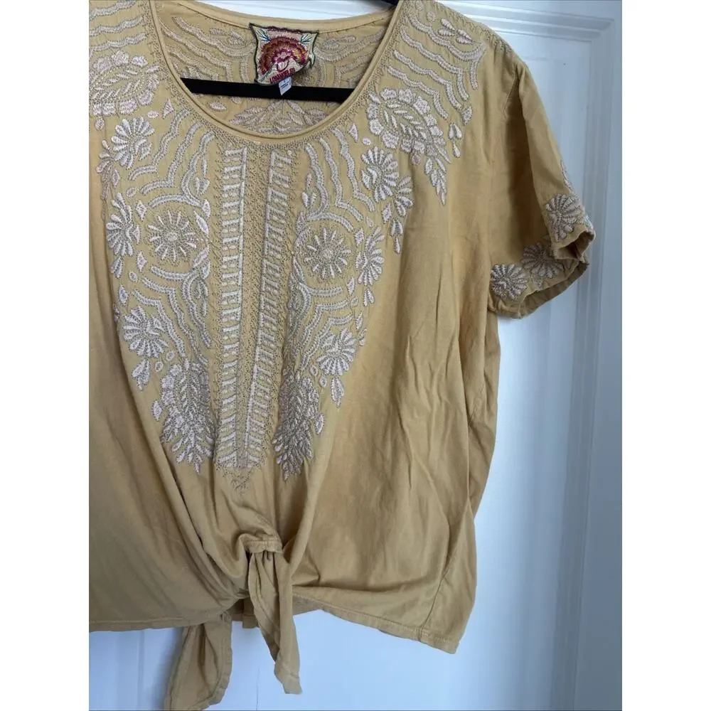JOHNNY WAS Top La Rita Womens Yellow Embroidered Knot Short Sleeve Size Large